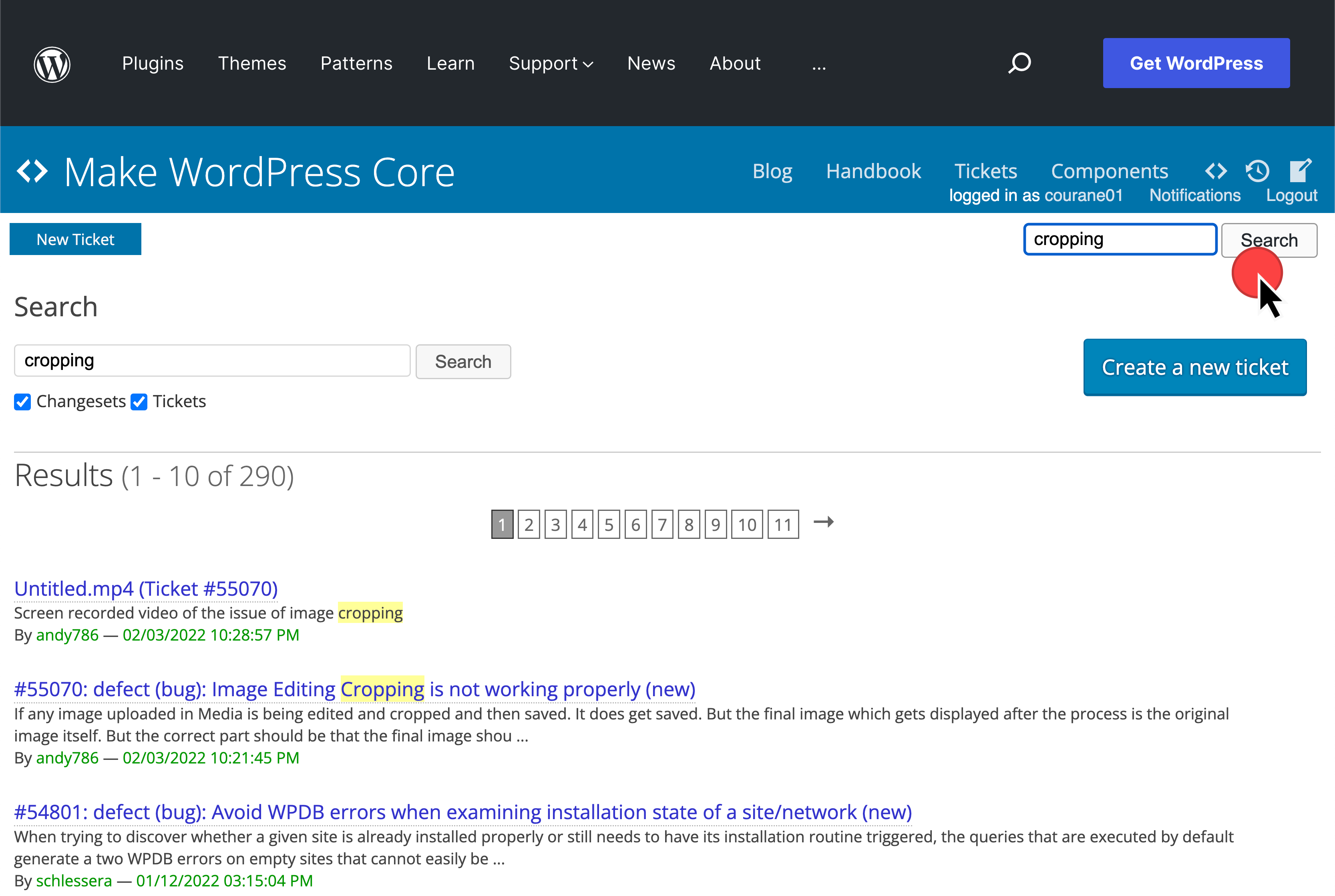 Search Core Trac for a WordPress bug about cropping