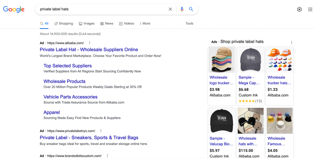 Google search results for private label products