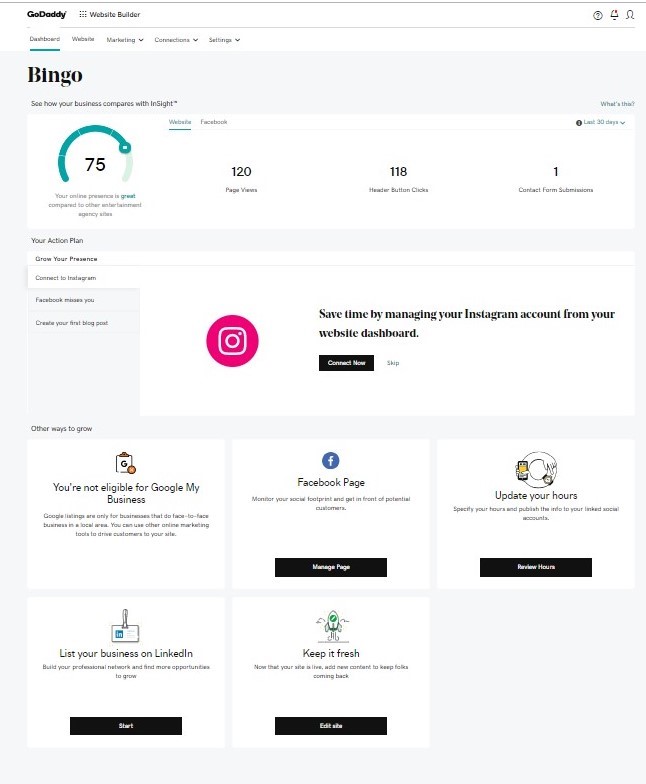 godaddy websites marketing insights dashboard