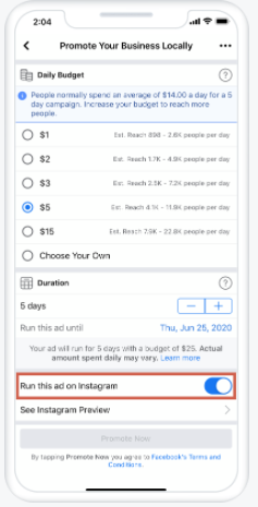 Choosing the option to run your ad campaign on Instagram using Facebook marketing