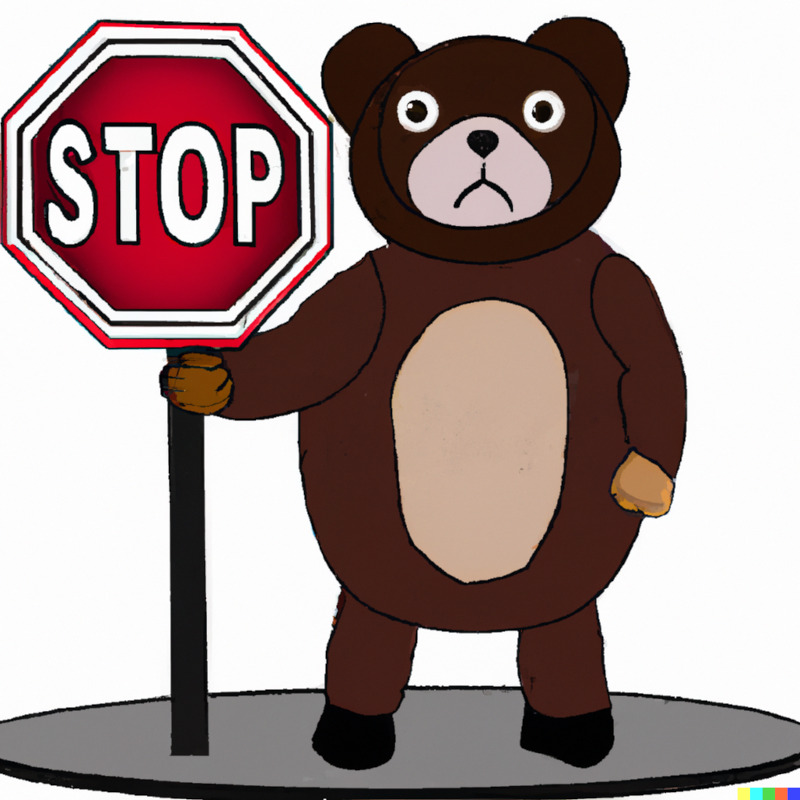 A bear carrying a sign that says STOP in protest of hotlinking