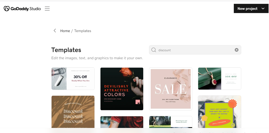 A screenshot of the GoDaddy studio discount templates