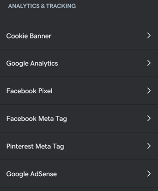 A screenshot of the GoDaddy website builder settings and analytics &amp; tracking