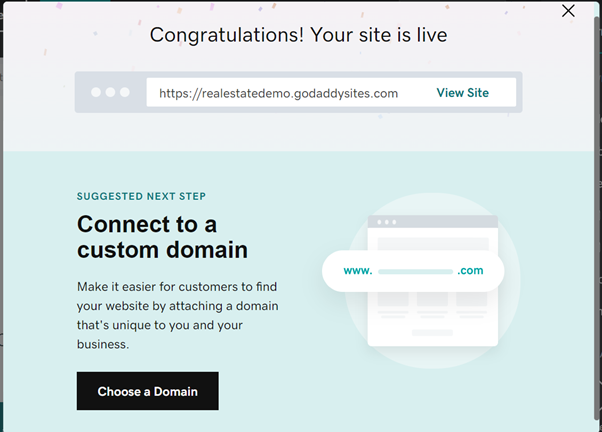 A screenshot of the GoDaddy website builder showing a website being published