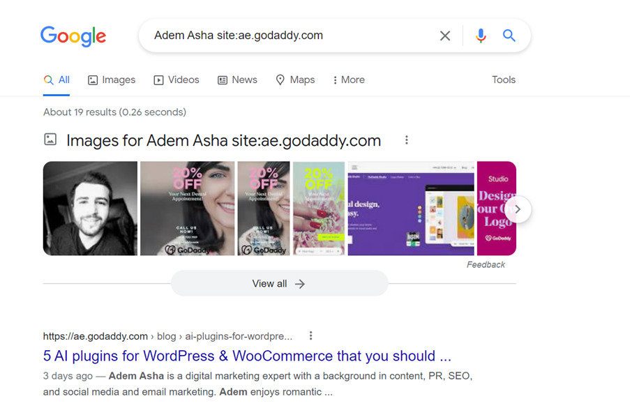 Screenshot googling Adem Asha site:ae.godaddy.com