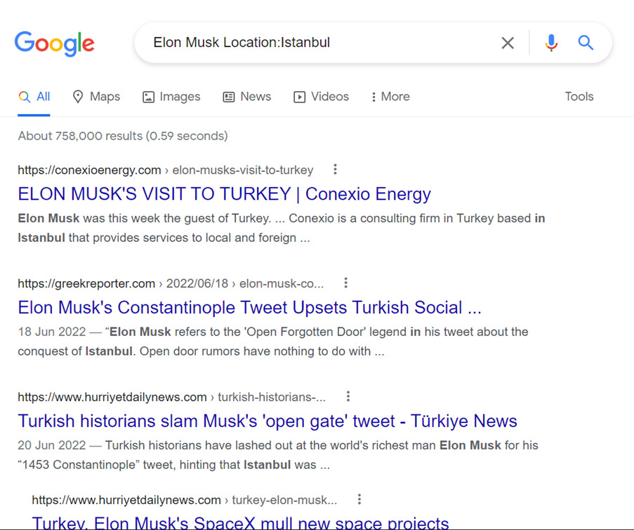 Screenshot googling Elon Musk location:Istanbul