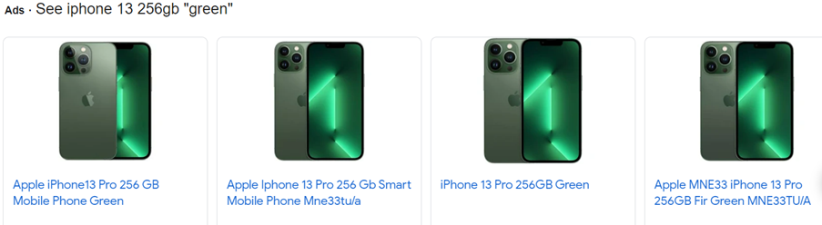 Screenshot of google search for iPhone 13 &quot;green&quot;