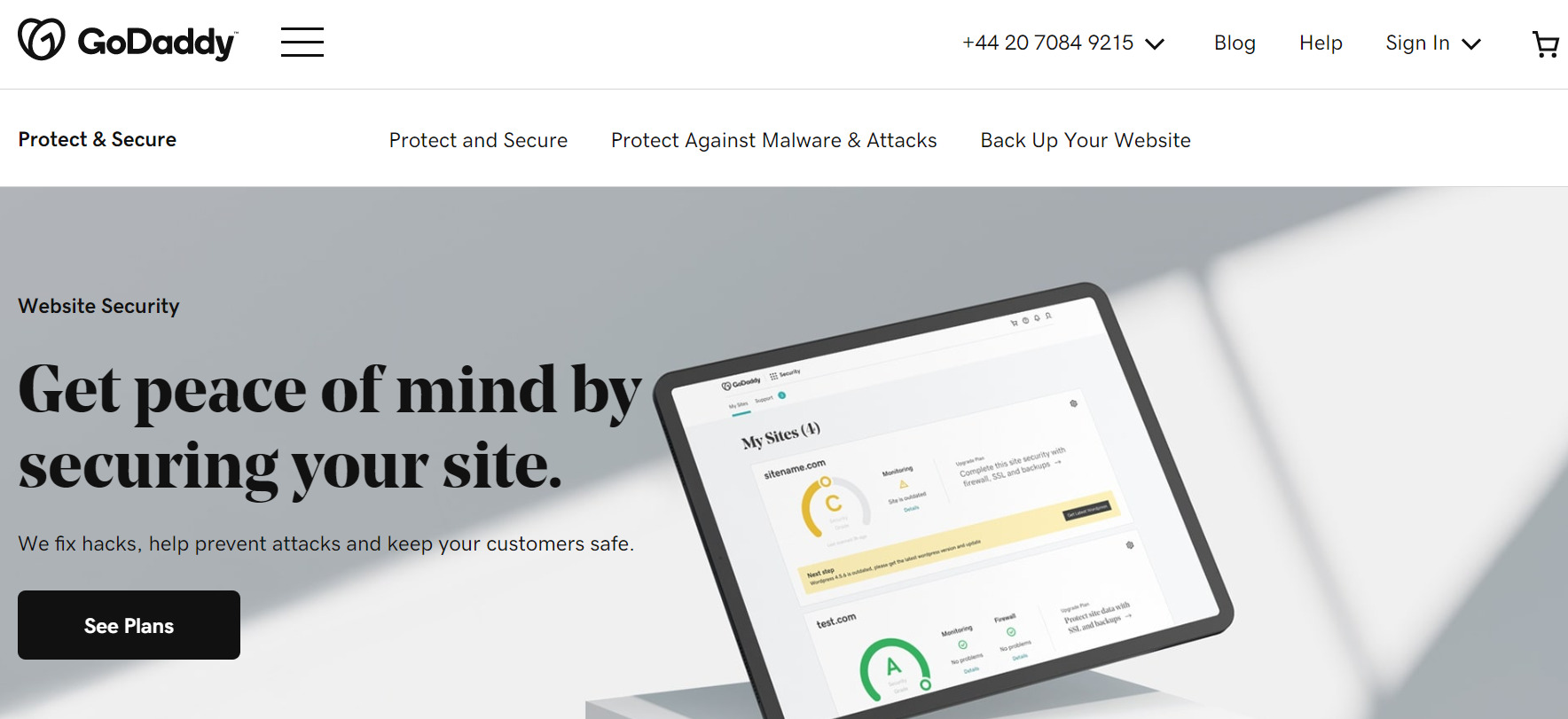 Screenshot of the GoDadddy website security page