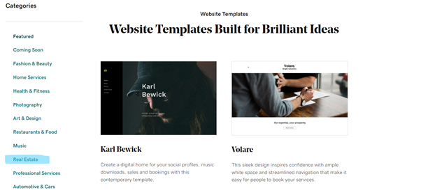 a screenshot of the GoDaddy website builder templates with the button ‘’real estate’’ hilighted