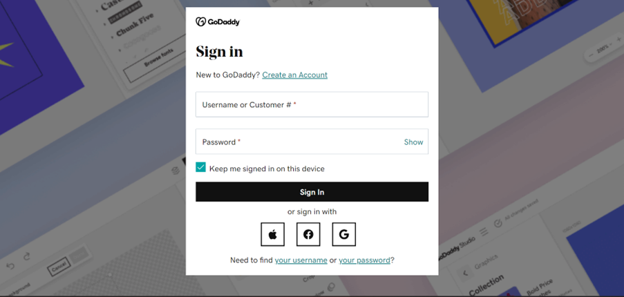 screenshot of the GoDaddy studio log-in page