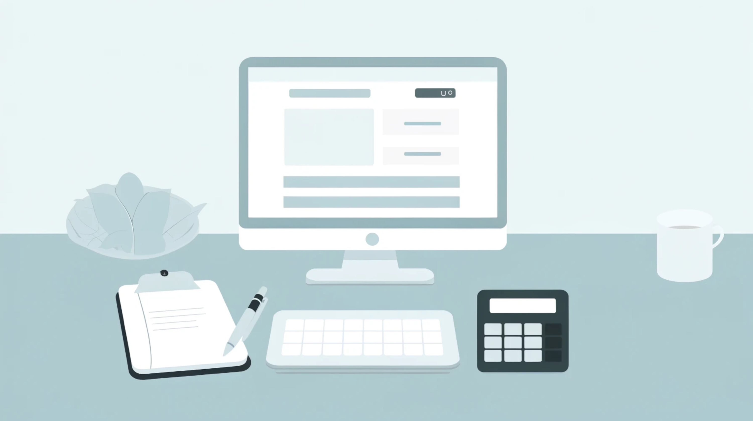 illustration of a monitor with a keyboard, a calculator, a coffee mug, and a notebook depiciting calculating website building costs.