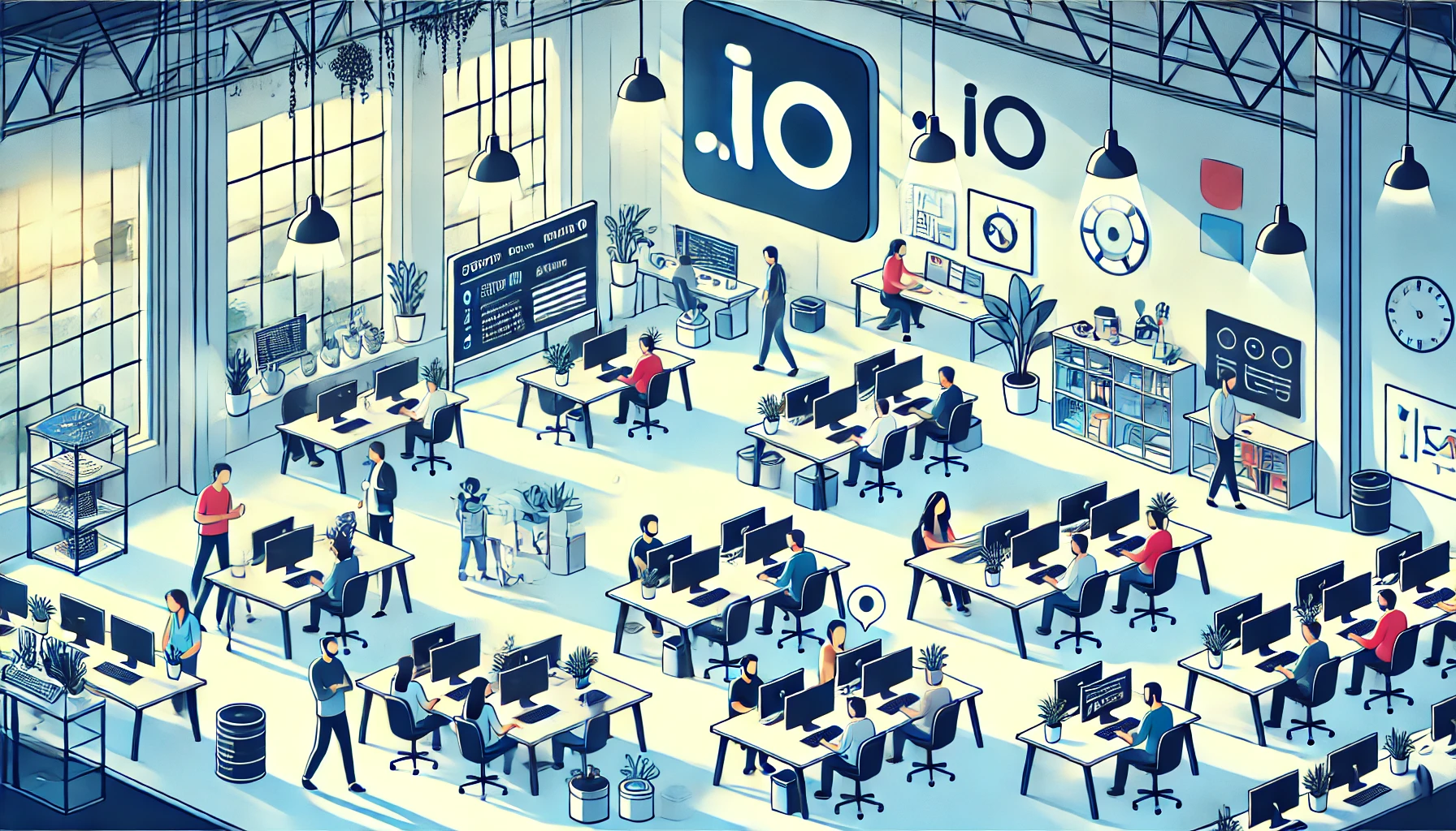 Animated illustration of a tech startup office with .io domain extenssion displayed largly.