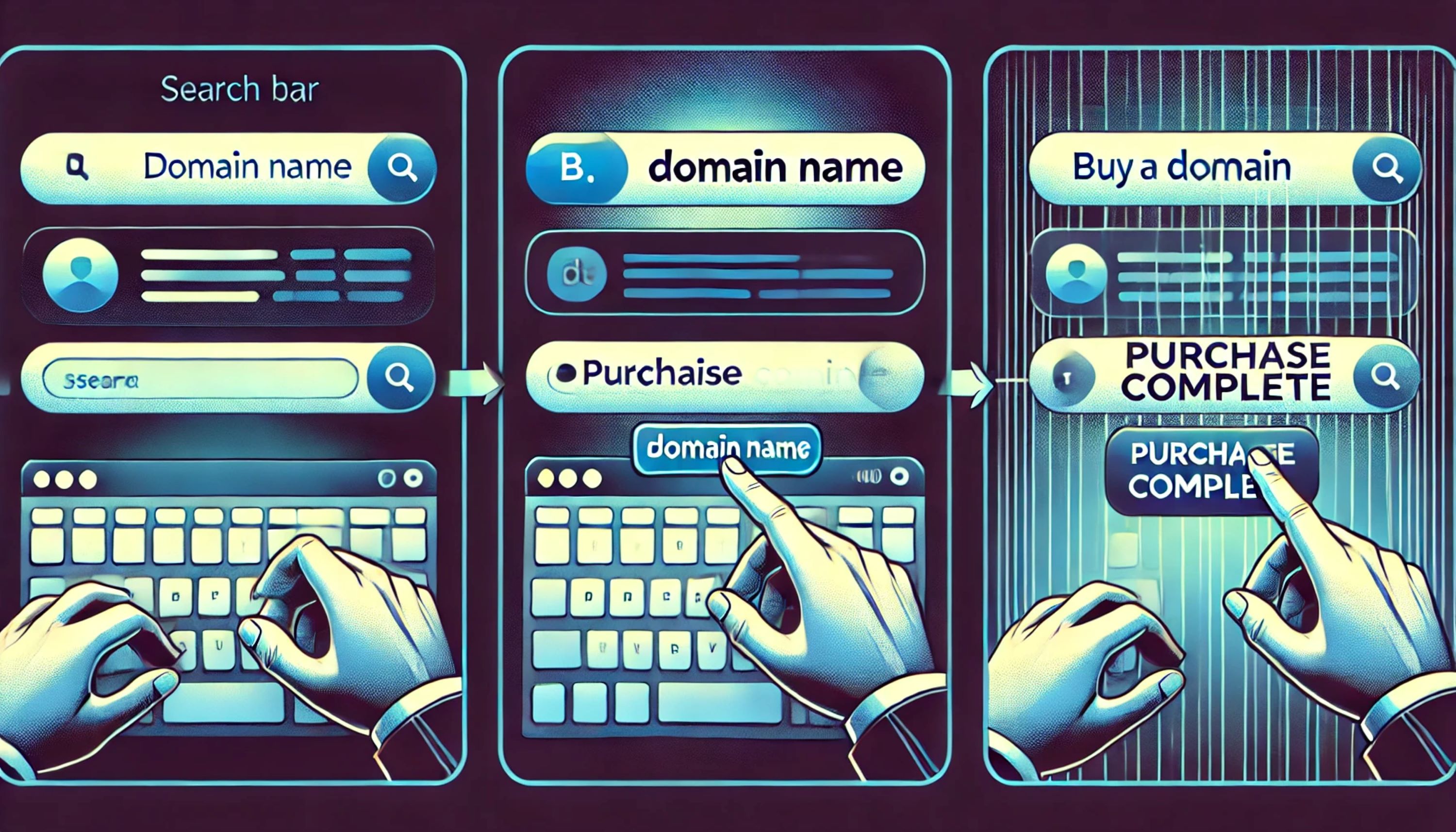 three-panel animated illustration of an interactive digital search bar evolving through the steps of buying a domain name.