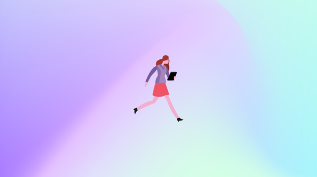 Illustrated woman walking while looking at a tablet