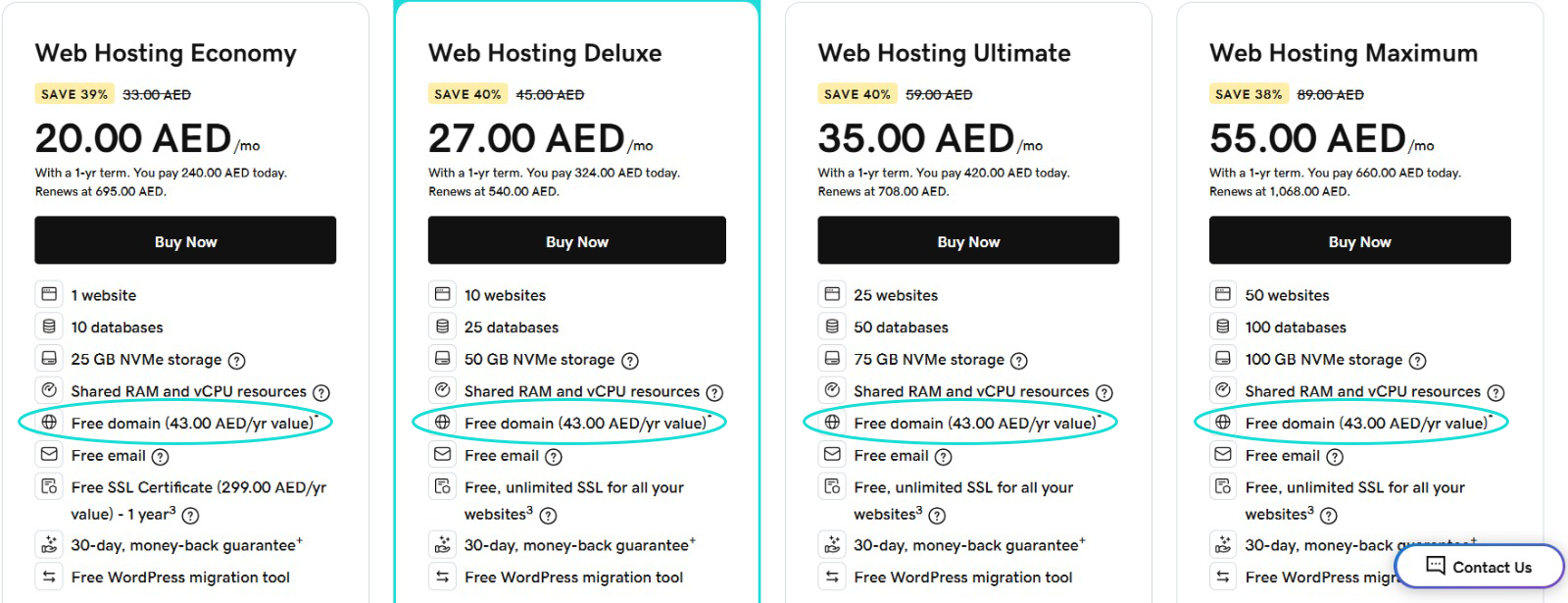 Image screenshot of GoDaddy's hosting packages with free domain included