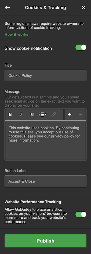 GoDaddy's website builder cookie customization