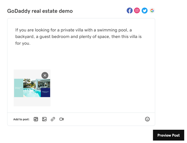 لقطة شاشة لمنشئ موقع GoDaddy على وشك نشر منشور على وسائل التواصل الاجتماعي