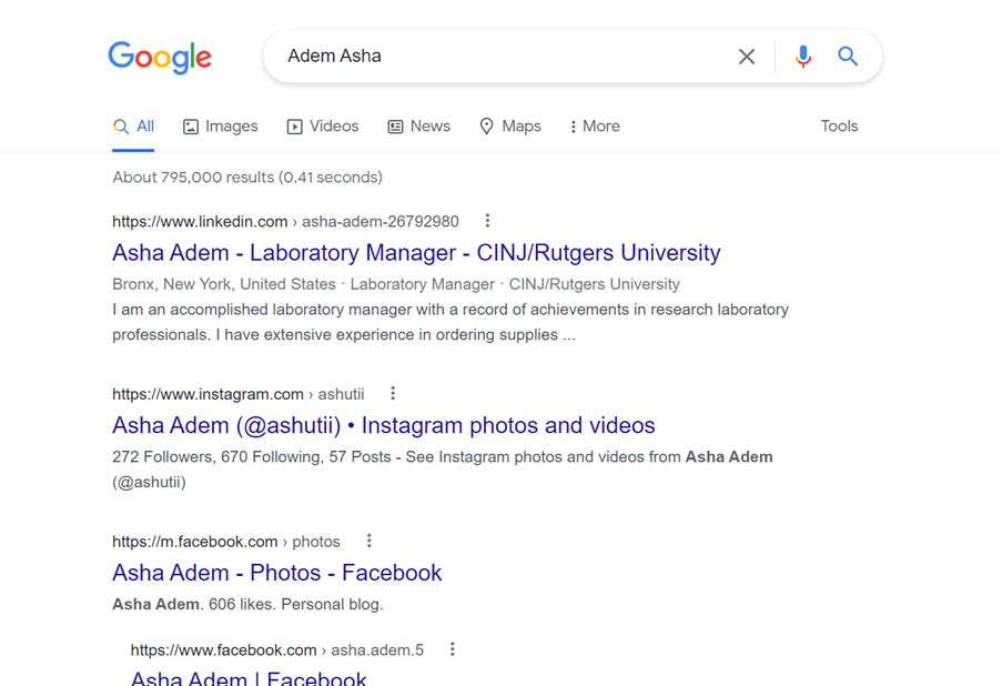 Screenshot googling Adem Asha