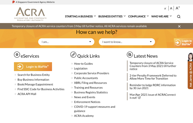 Accounting and Corporate Regulatory Authority front of site screenshot