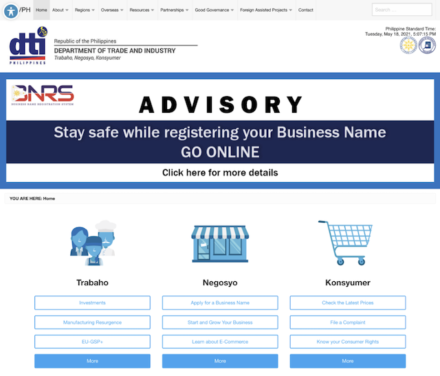 Philippines Department of Trade and Industry front of site screenshot