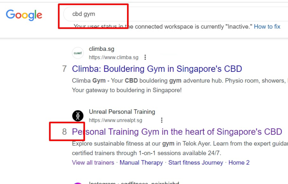 UNREAL PERSONAL TRAINING RANKING AT POSITION 8 FOR THE KEYWORD “CBD GYM”.