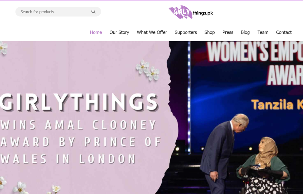 HOMEPAGE OF GIRLYTHINGS, A DELIVERY SERVICE FOR FEMALE SANITARY PRODUCTS IN PAKISTAN.