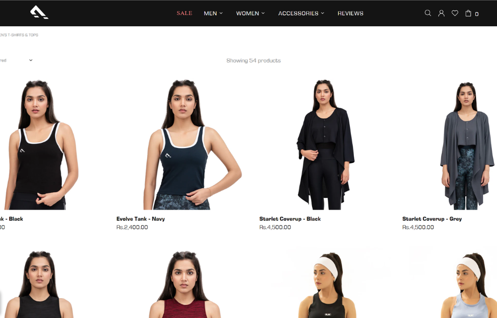 COLLECTION PAGE OF THE E-COMMERCE STORE OF PAKISTANI ACTIVE WEAR BRAND, ALAY