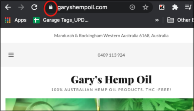 Gary’s Hemp Oil URL Showing a Padlock Security Icon]