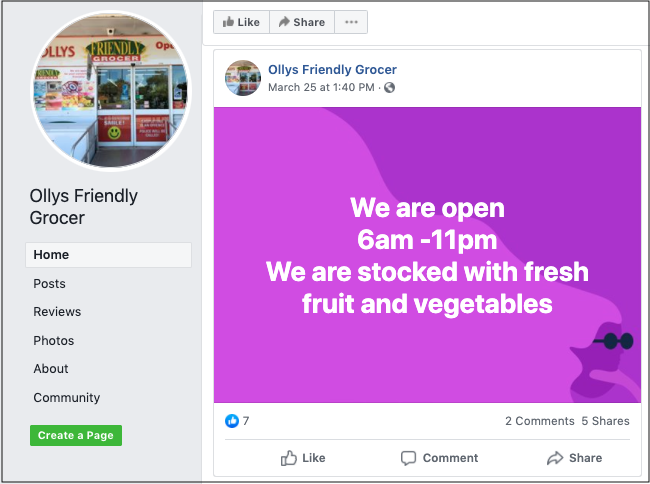 Using Social Media Ollys Friendly Grocer Facebook