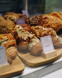 Bakery display with croissants