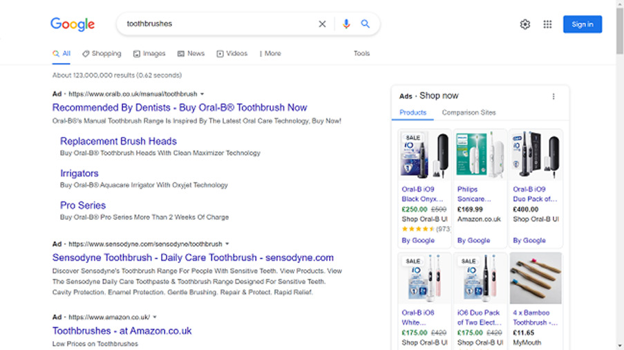 Screenshot of a google search of toothbrushes and the ads showing