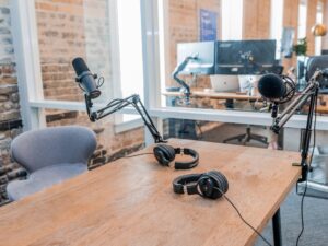 Podcast equipment on a table