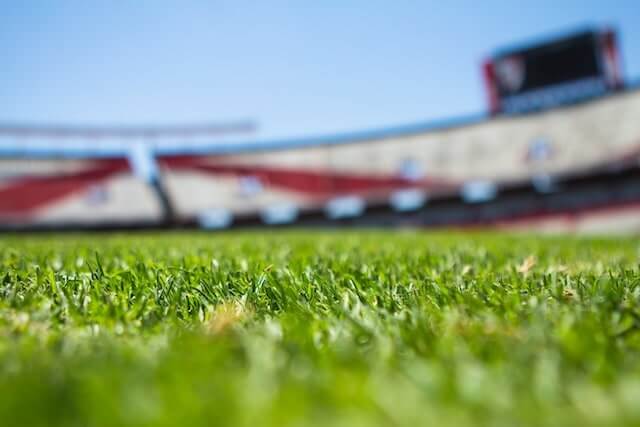 Ground-level view of the grass on a football field