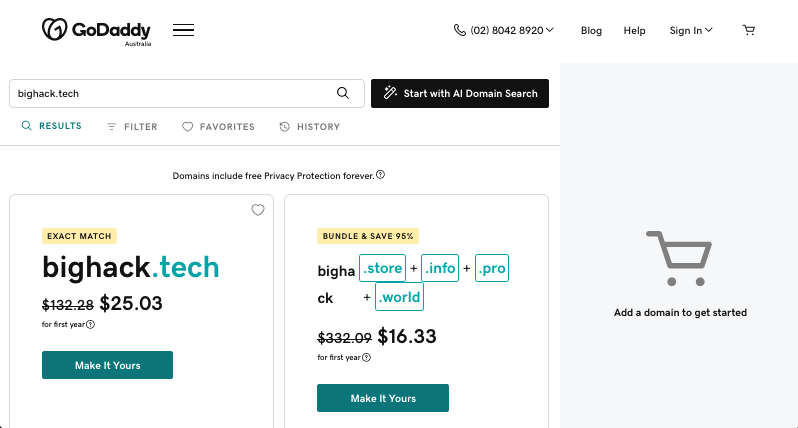Big Hack Tech GoDaddy domain search results