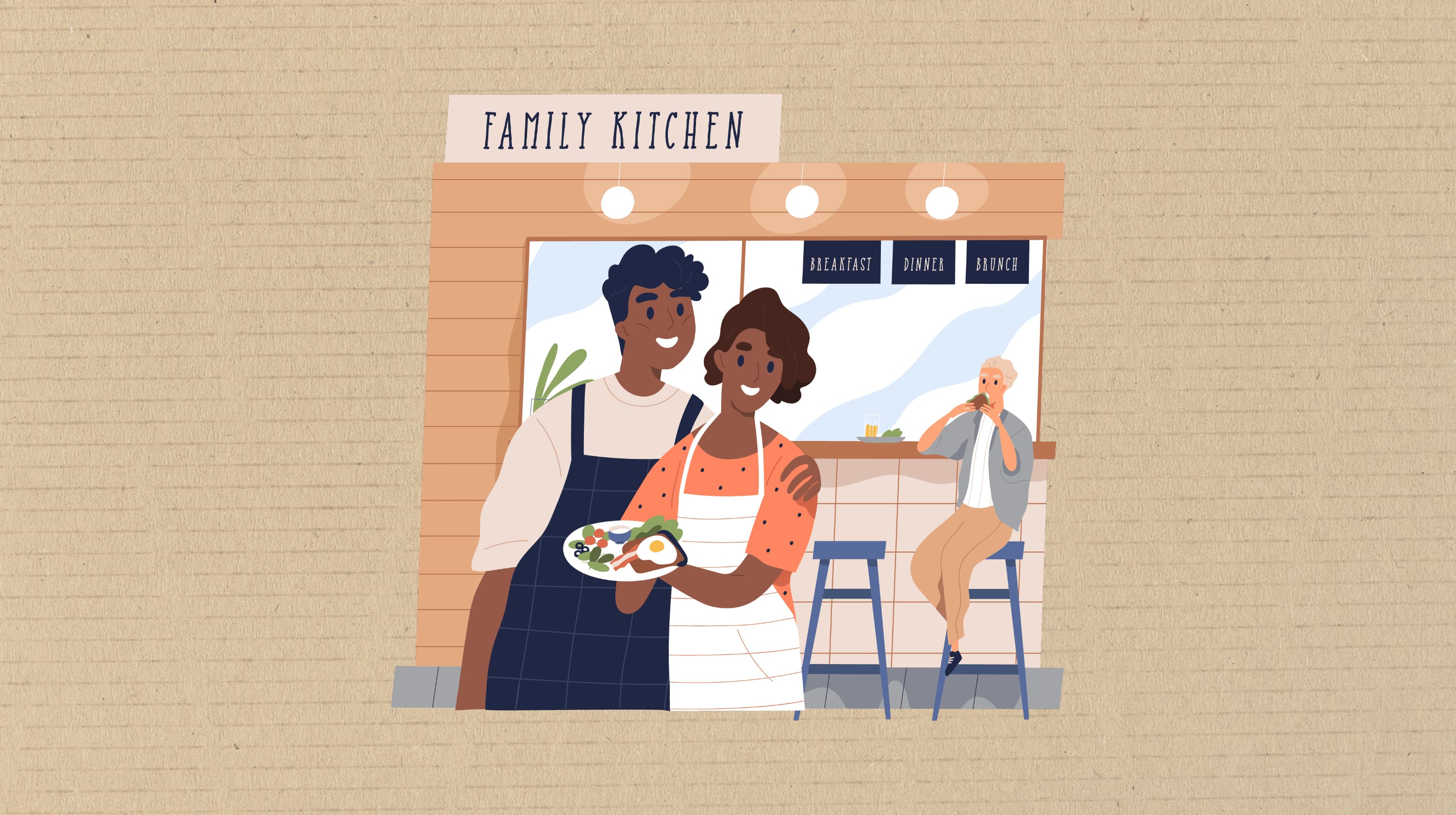 Illustration of two business owners in front of their shop