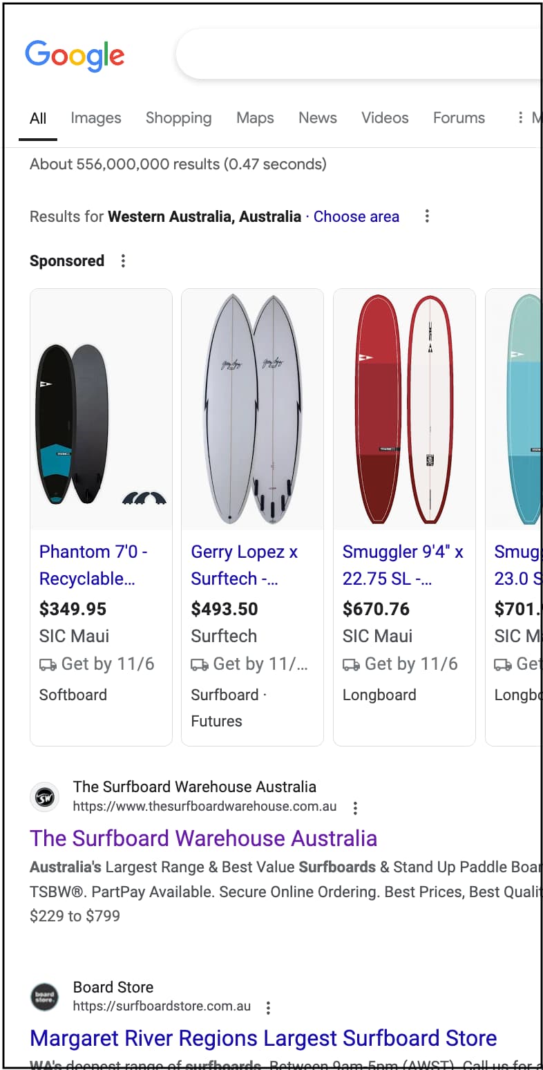 Google search results for &quot;WA surfboards&quot;