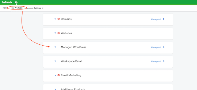 WordPress Website GoDaddy Account Dashboard