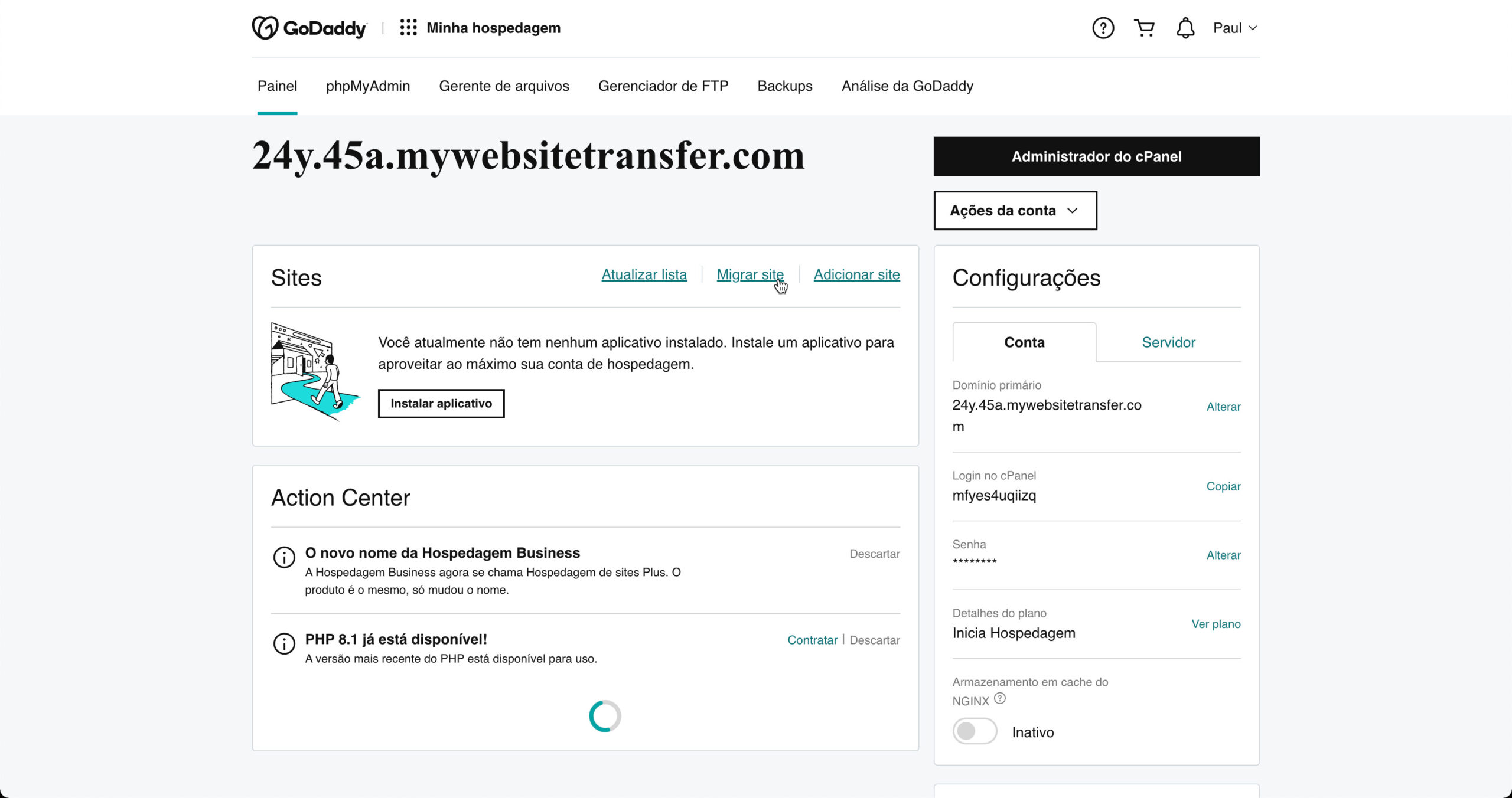 painel de controle para migrar site