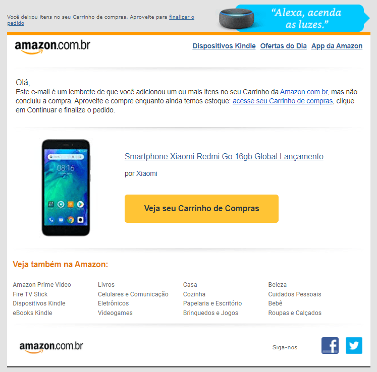 e-mail com lembrança de carrinho abandonado no site da amazon
