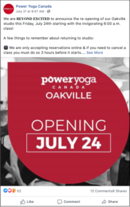 Power Yoga Canada Facebook Post Announcing Reopening