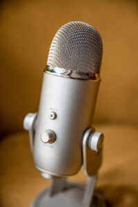 Podcast-quality microphone sitting on a table