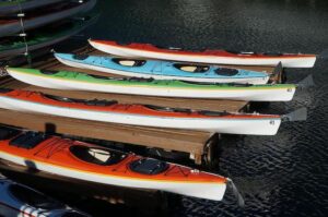 Rental kayaks lined up on a dock