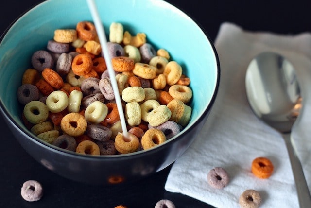 Bowl of brightly colored cereal