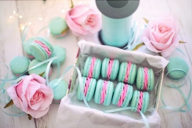 Box of brightly coloured macaroons