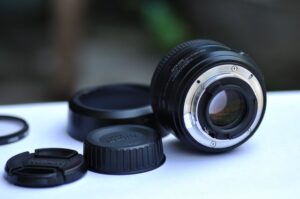 Closeup of a Nikon camera lens