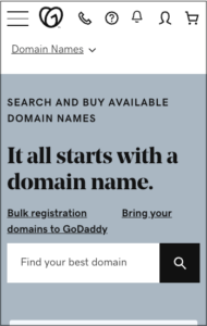 GoDaddy domain availability search screen