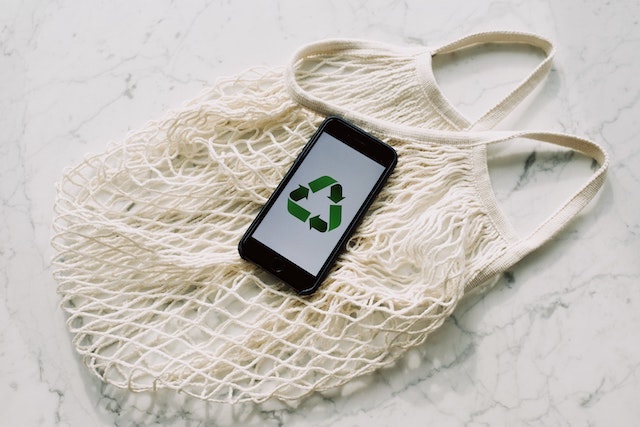 Netted shopping bag with smartphone showing recycle symbol