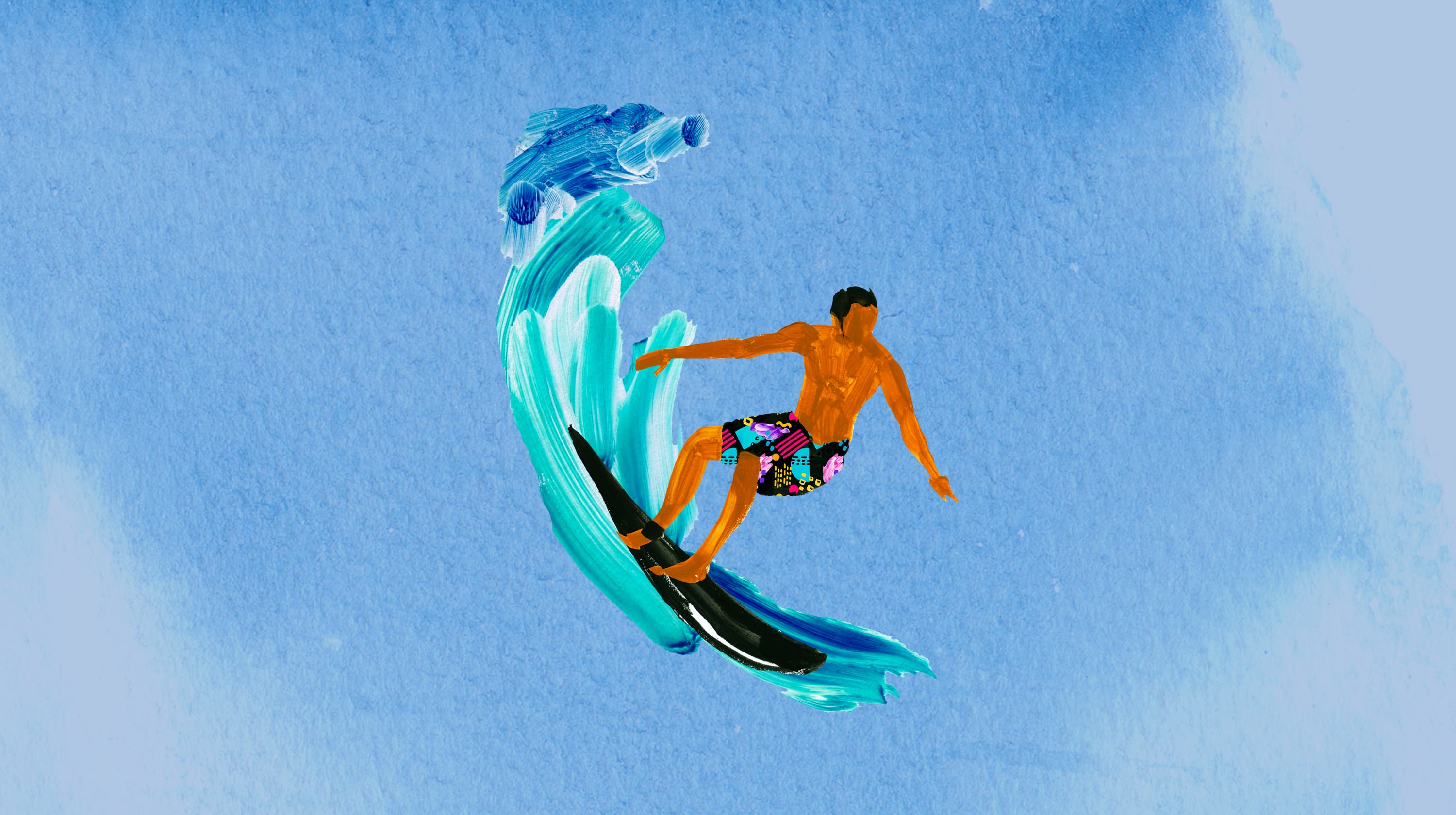 Illustration of a man on a surfboard shooting a tiktok video