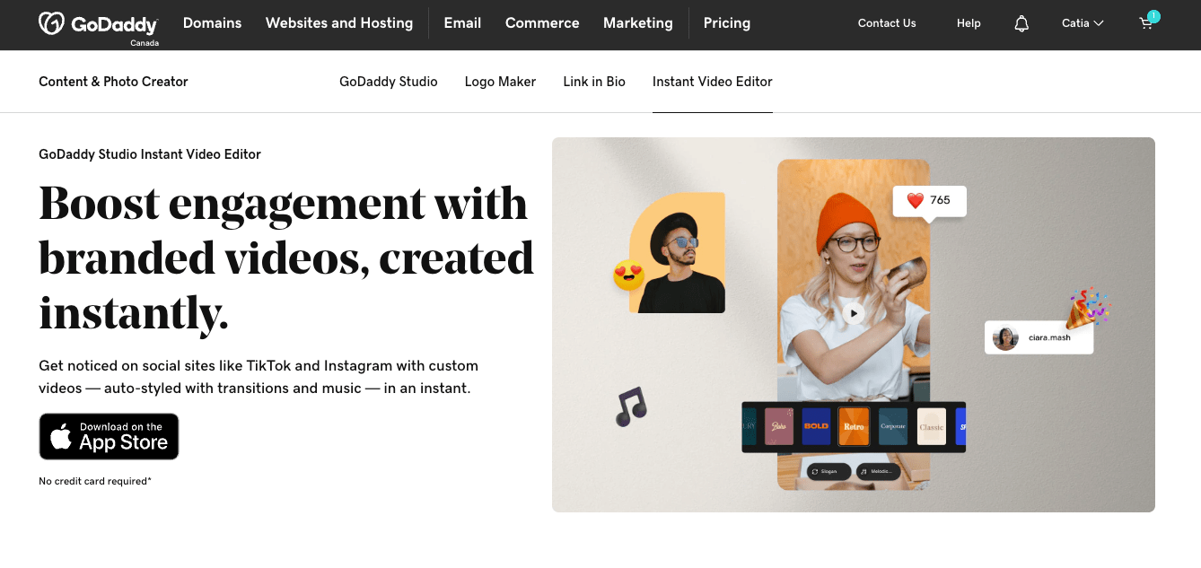 GoDaddy Instant Video Editor landing page