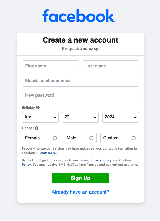 Create Facebook business page signup screen